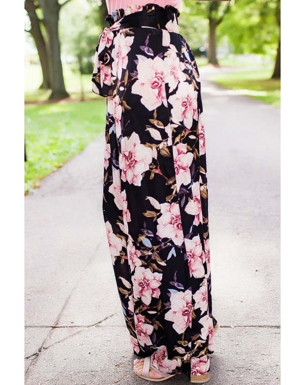 Black Pink Floral Satin Wide Leg Pants