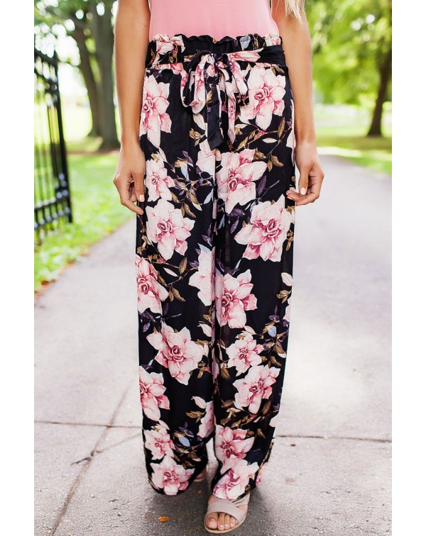 Black Pink Floral Satin Wide Leg Pants