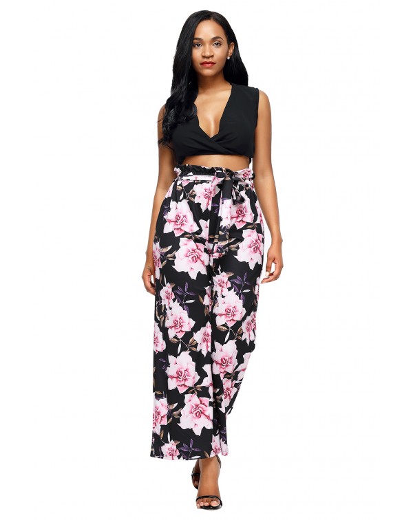 Black Pink Floral Satin Wide Leg Pants