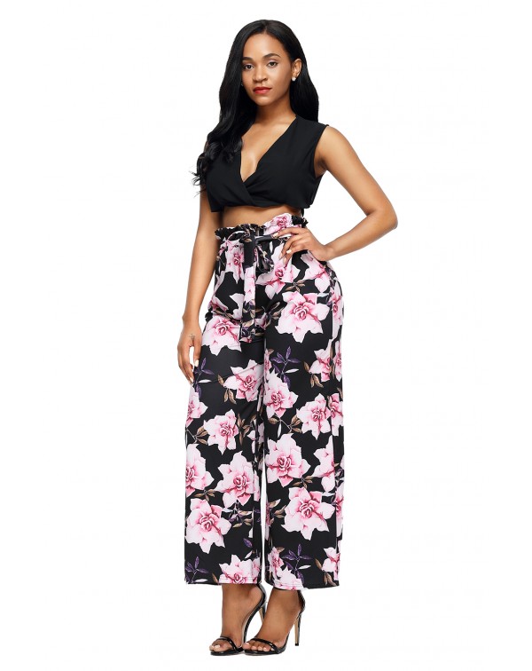 Black Pink Floral Satin Wide Leg Pants