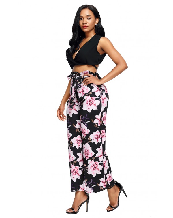 Black Pink Floral Satin Wide Leg Pants