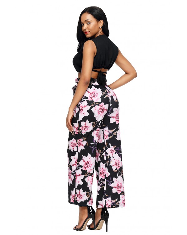 Black Pink Floral Satin Wide Leg Pants