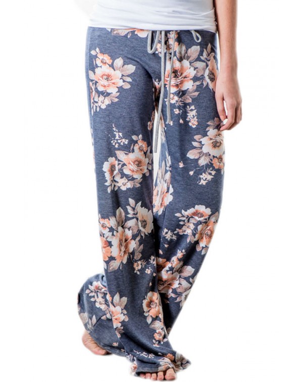 Deep Grey Floral Terry Wide Leg Pants