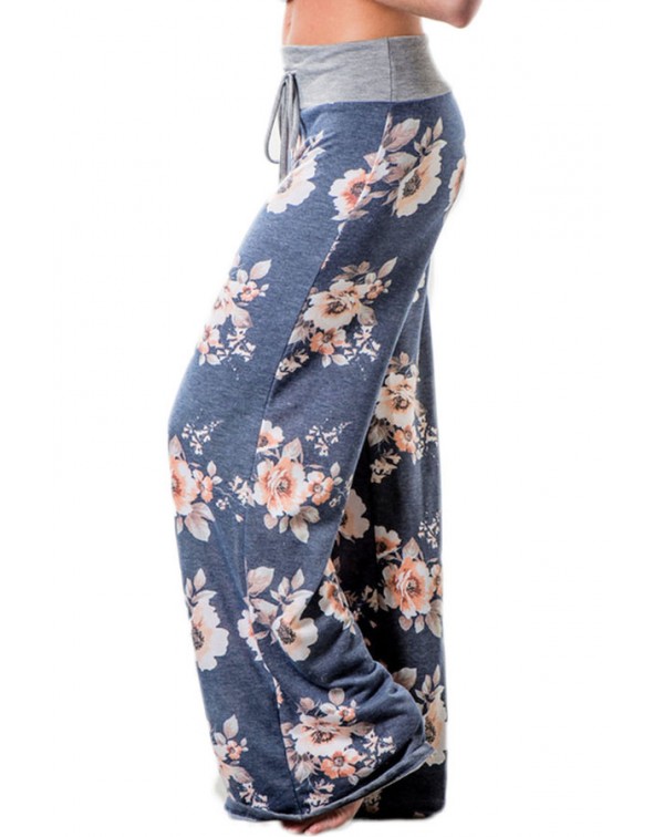 Deep Grey Floral Terry Wide Leg Pants