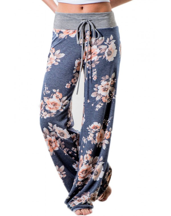 Deep Grey Floral Terry Wide Leg Pants