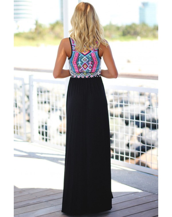 Stylish Tribal Print Sleeveless Black Maxi Dress