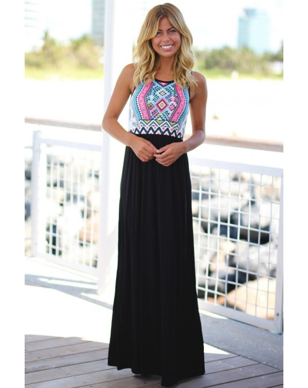 Stylish Tribal Print Sleeveless Black Maxi Dress