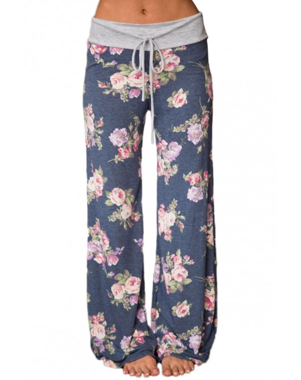 Grey Floral Terry Wide Leg Pants