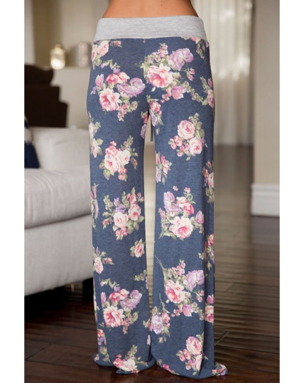 Grey Floral Terry Wide Leg Pants