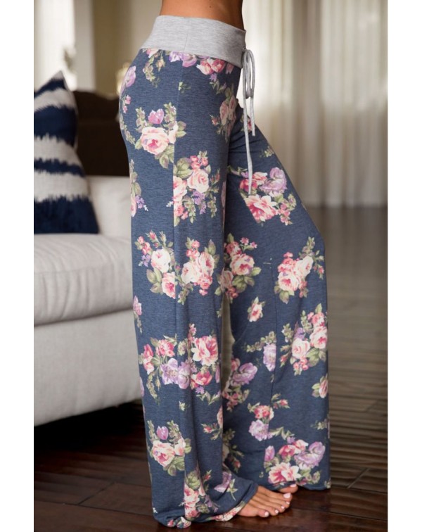 Grey Floral Terry Wide Leg Pants