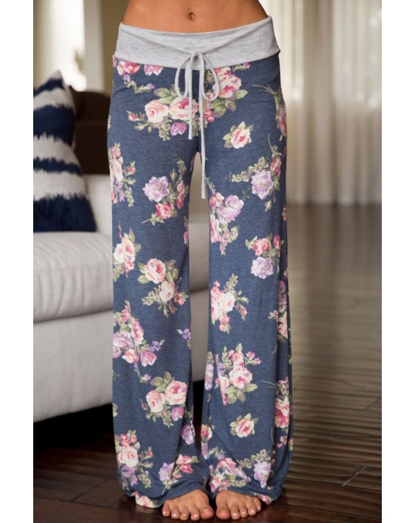 Grey Floral Terry Wide Leg Pants