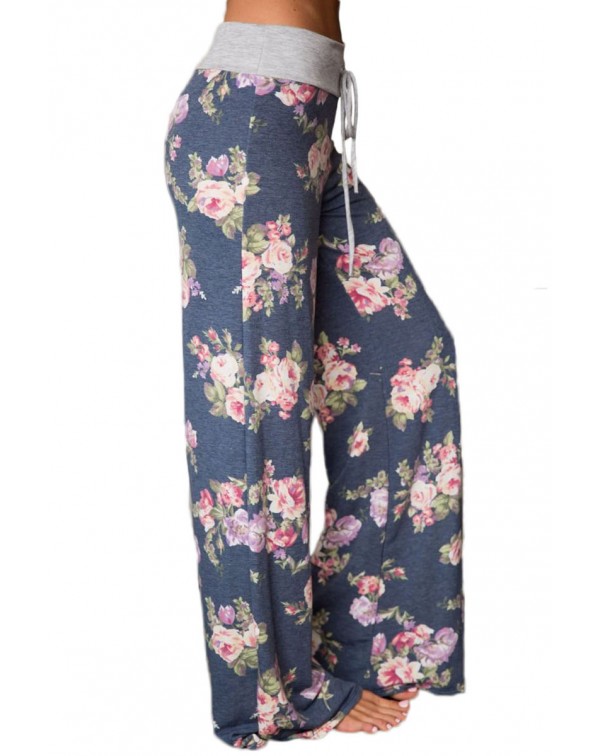 Grey Floral Terry Wide Leg Pants