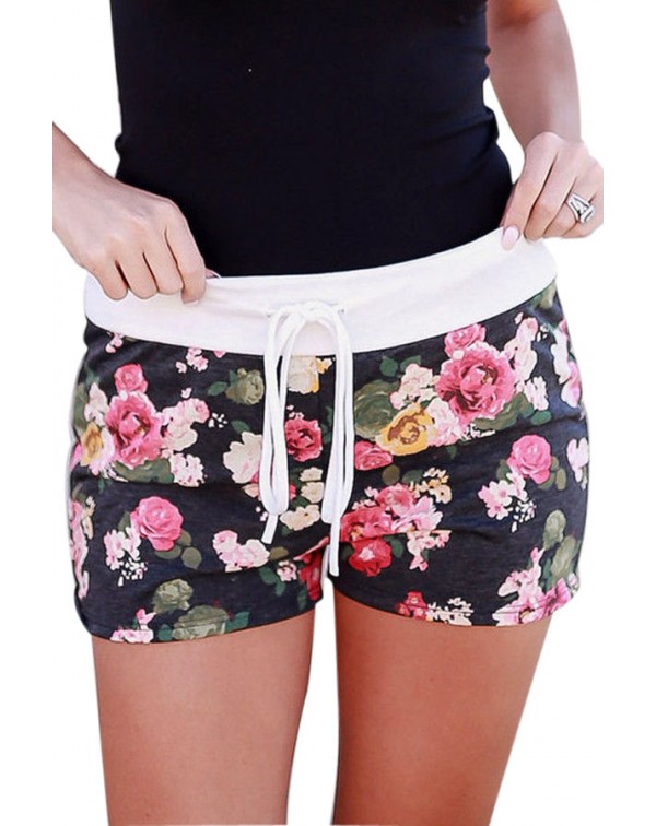 Vibrant Floral Print Black Casual Shorts