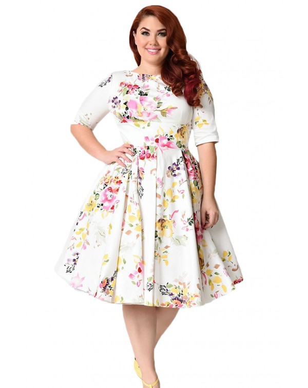 White Vintage Style Floral Half Sleeve Swing Dress