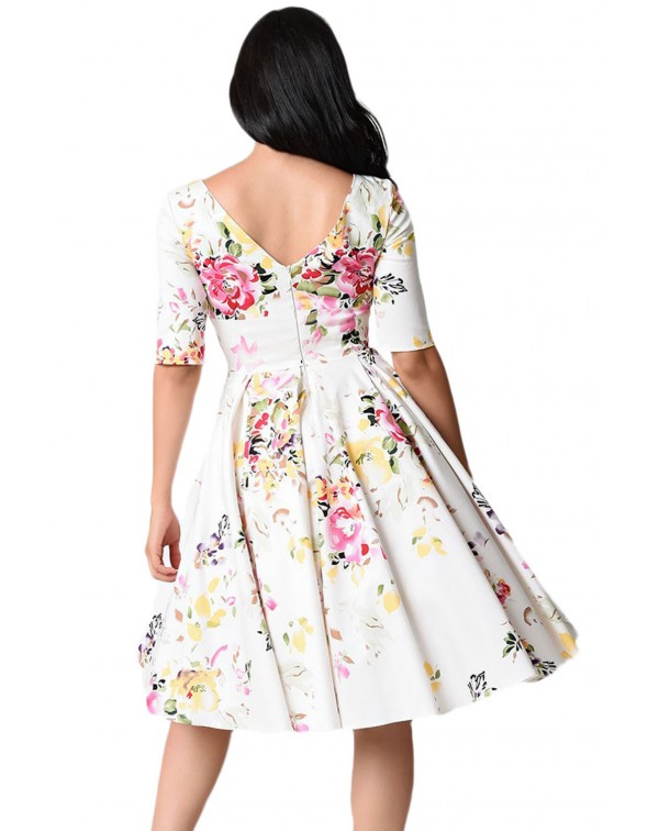 White Vintage Style Floral Half Sleeve Swing Dress