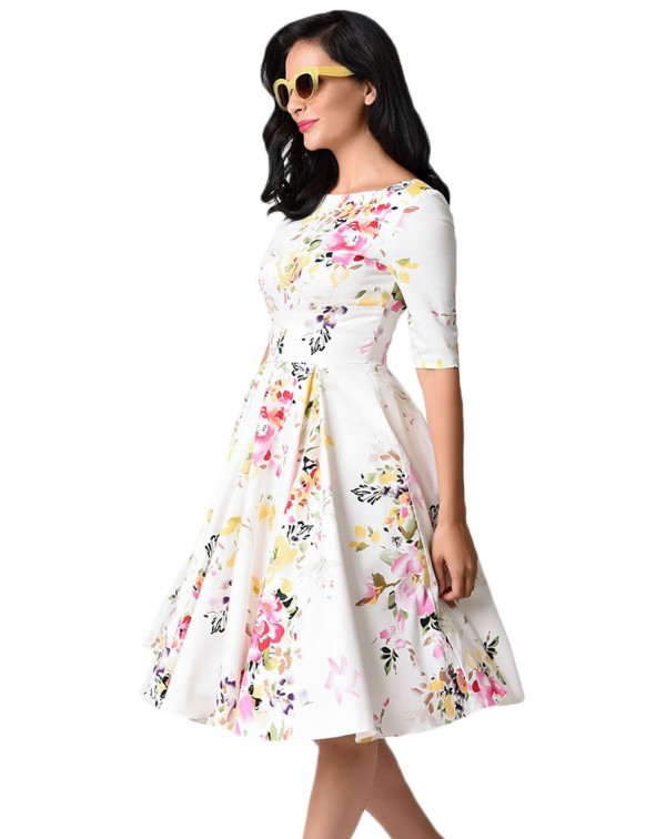 White Vintage Style Floral Half Sleeve Swing Dress