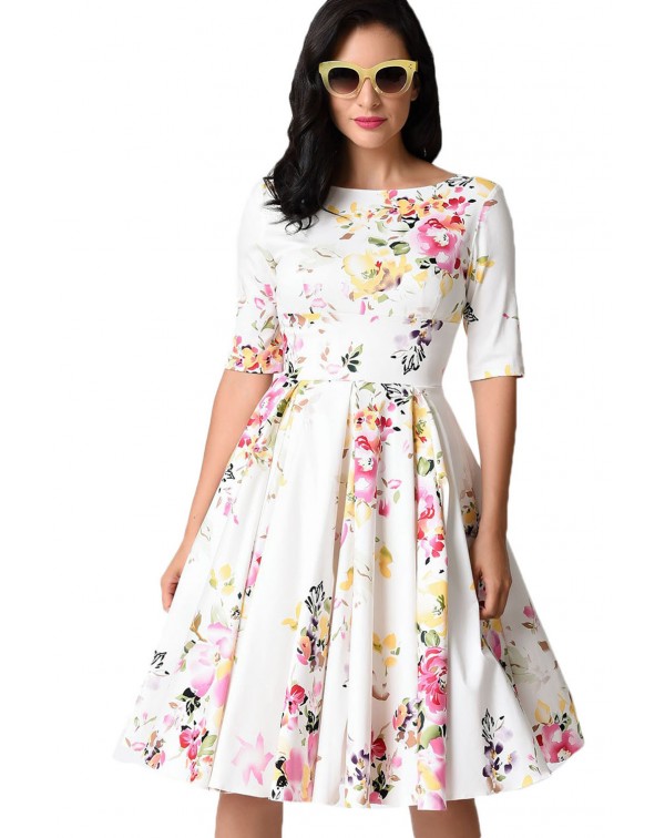 White Vintage Style Floral Half Sleeve Swing Dress