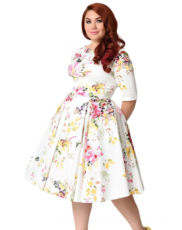 White Vintage Style Floral Half Sleeve Swing Dress