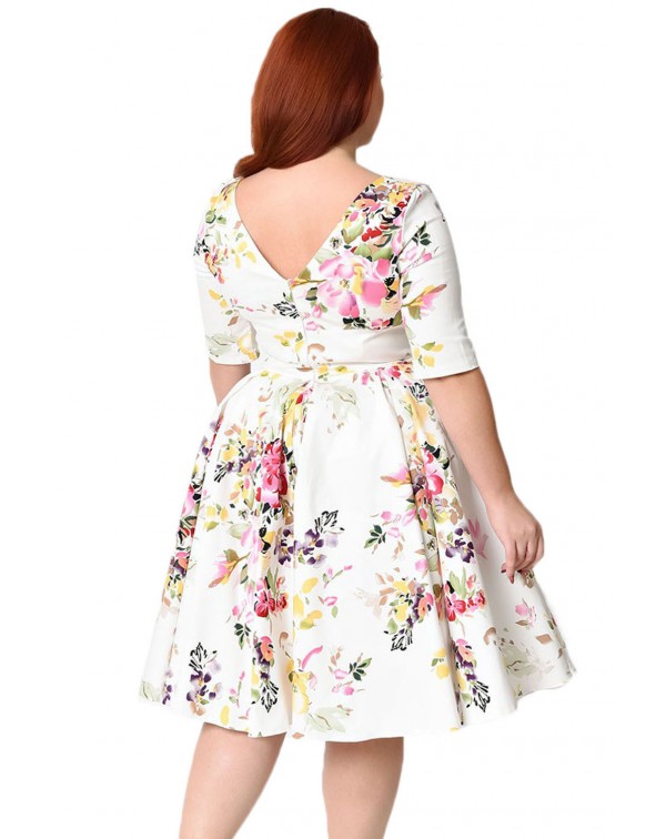 White Vintage Style Floral Half Sleeve Swing Dress