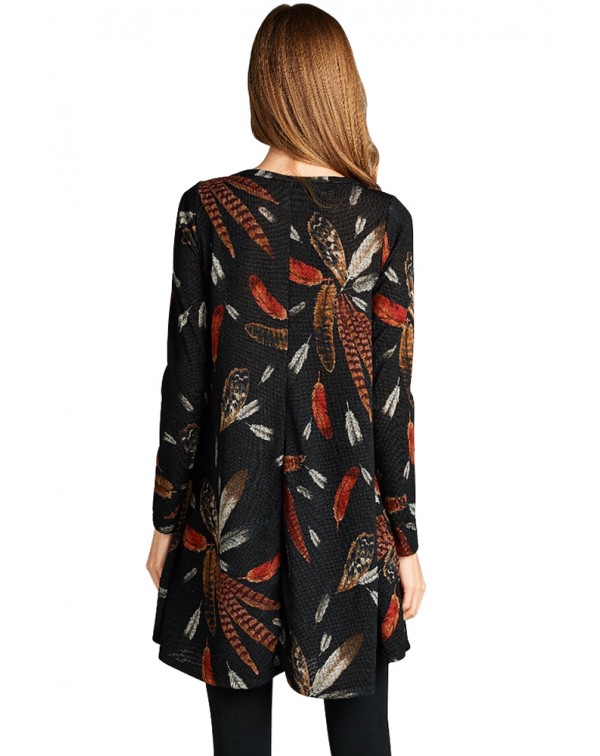 Black Feather Graphic Pocket Tunic Dress