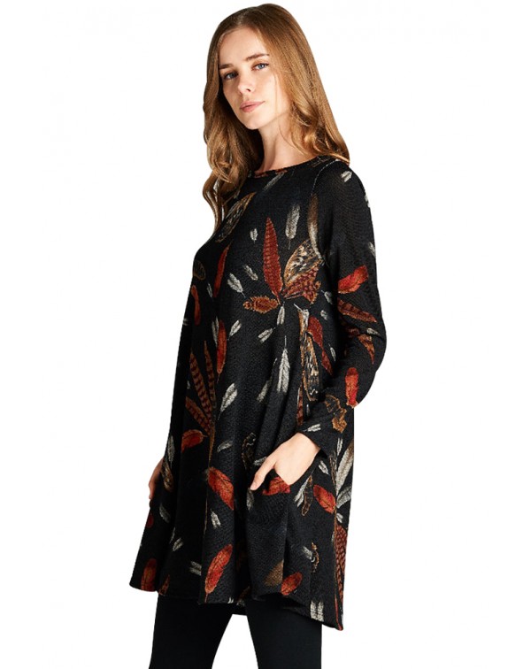 Black Feather Graphic Pocket Tunic Dress