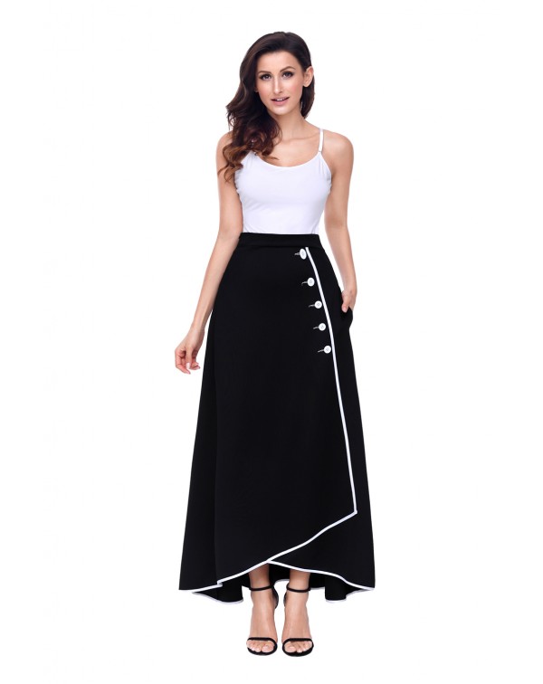 Black Piped Button Embellished High Waist Maxi Skirt