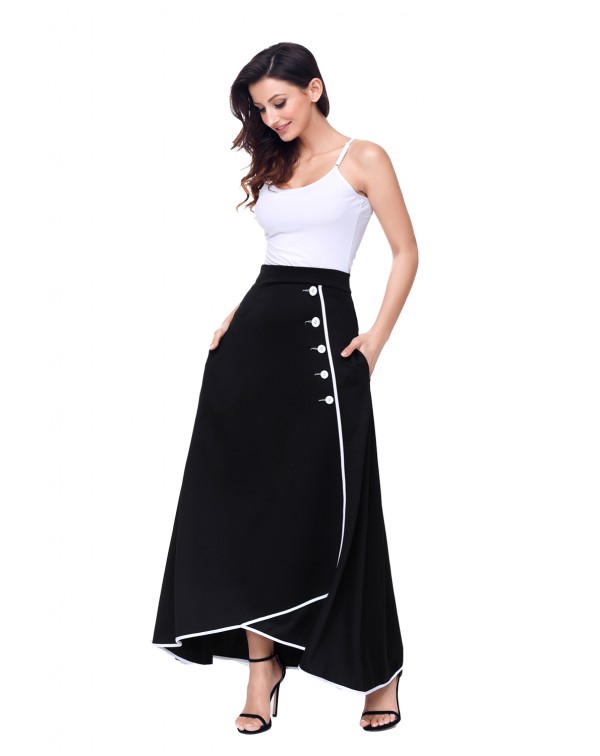 Black Piped Button Embellished High Waist Maxi Skirt