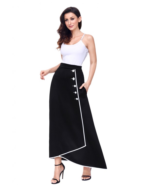 Black Piped Button Embellished High Waist Maxi Skirt