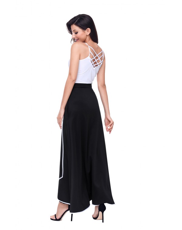 Black Piped Button Embellished High Waist Maxi Skirt