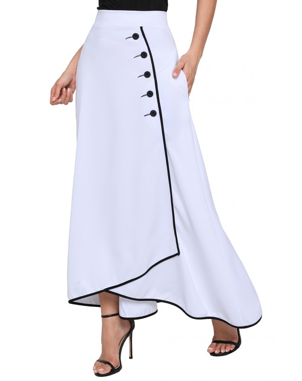 White Piped Button Embellished High Waist Maxi Ski...