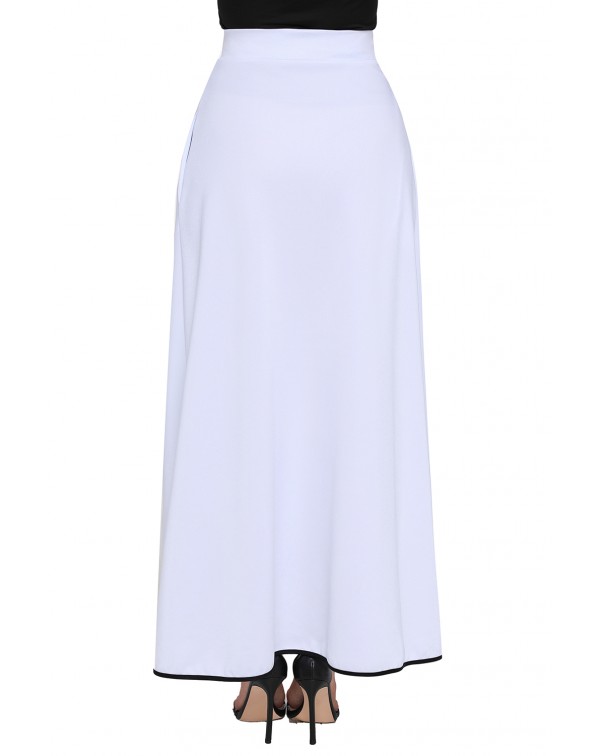 White Piped Button Embellished High Waist Maxi Skirt