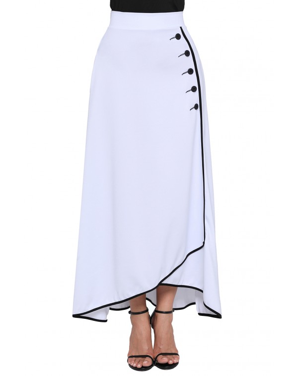 White Piped Button Embellished High Waist Maxi Skirt