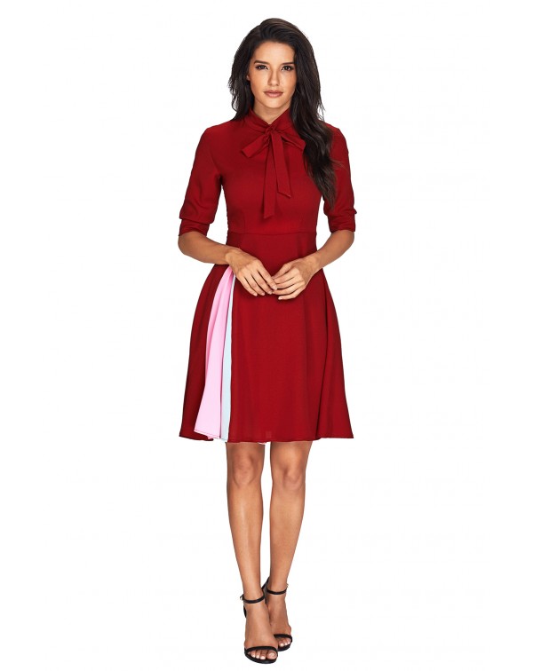 False Slit Splice Burgundy Bow Tie Vintage Dress