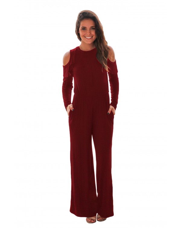 Burgundy Ruffle Cold Shoulder Long Sleeve Jumpsuit