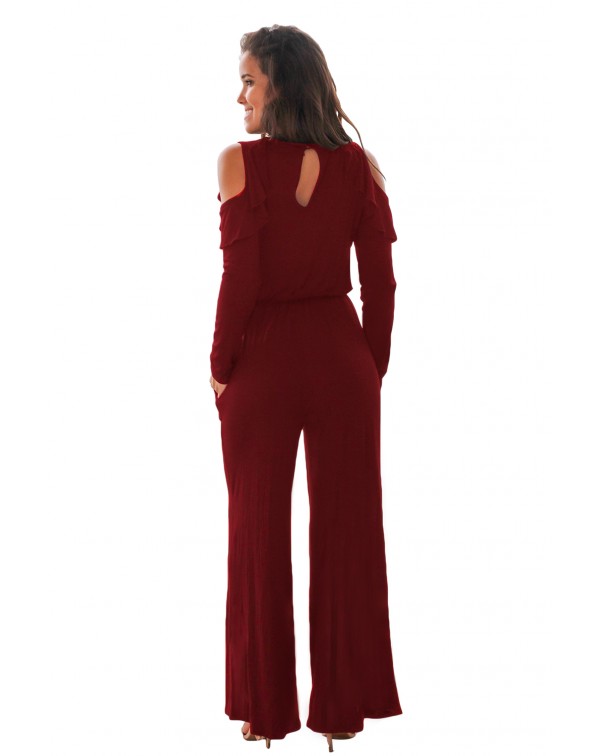 Burgundy Ruffle Cold Shoulder Long Sleeve Jumpsuit