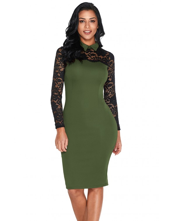 Olive Lace Sleeve Doll Collar Bodycon Retro Midi D...