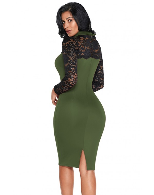 Olive Lace Sleeve Doll Collar Bodycon Retro Midi Dress