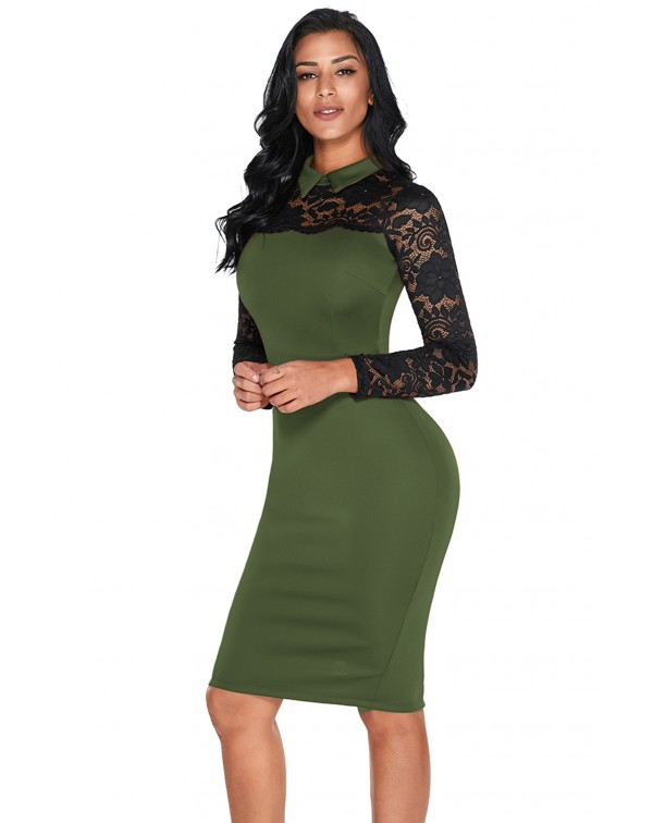 Olive Lace Sleeve Doll Collar Bodycon Retro Midi Dress