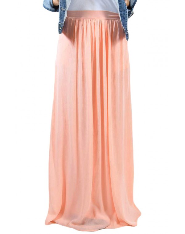 Peachy Pink Elastic Waist Pleated Gauze Maxi Skirt...