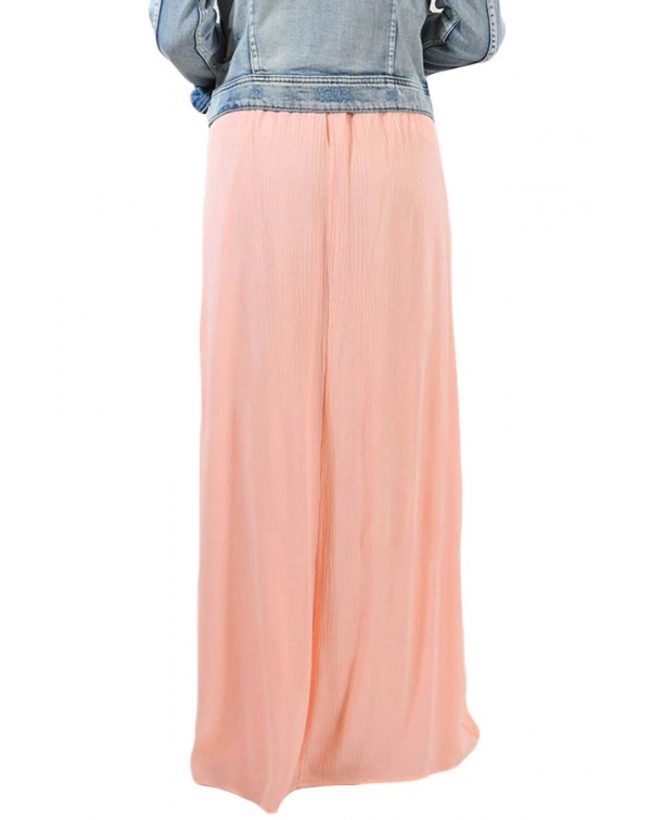 Peachy Pink Elastic Waist Pleated Gauze Maxi Skirt with Lining