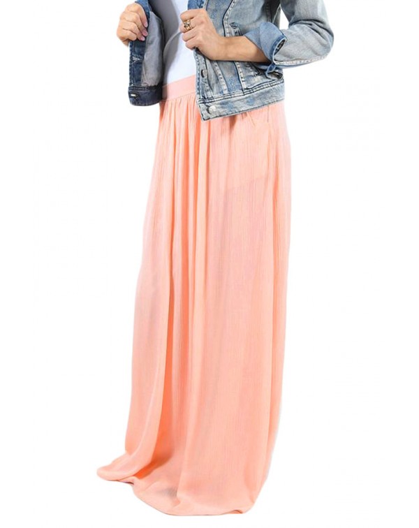 Peachy Pink Elastic Waist Pleated Gauze Maxi Skirt with Lining