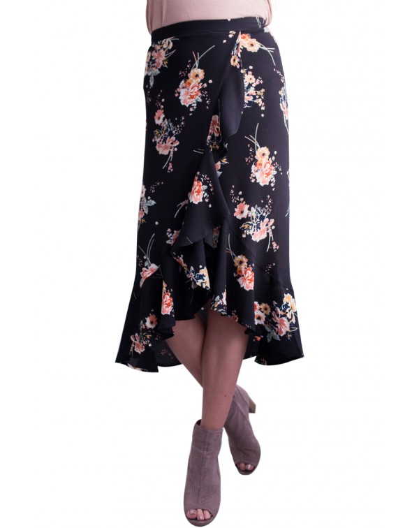 Floral Ruffle Wrap Skirt in Black