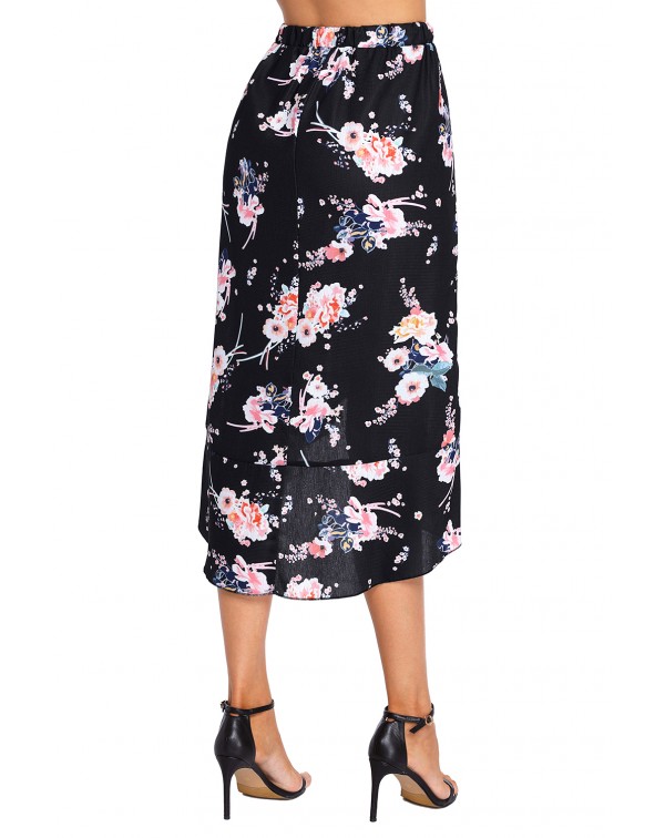 Floral Ruffle Wrap Skirt in Black