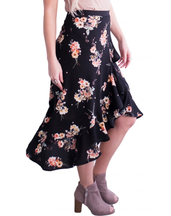 Floral Ruffle Wrap Skirt in Black