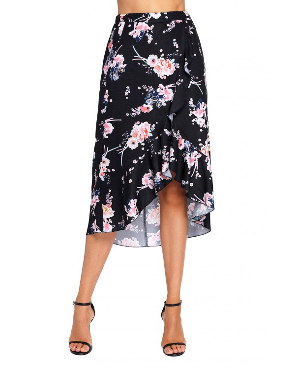 Floral Ruffle Wrap Skirt in Black