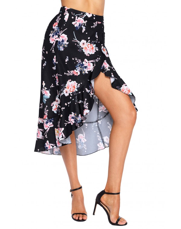 Floral Ruffle Wrap Skirt in Black