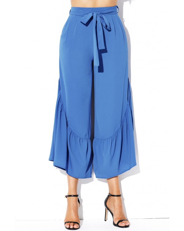 Blue High Waist Side Ruffle Palazzo Pants