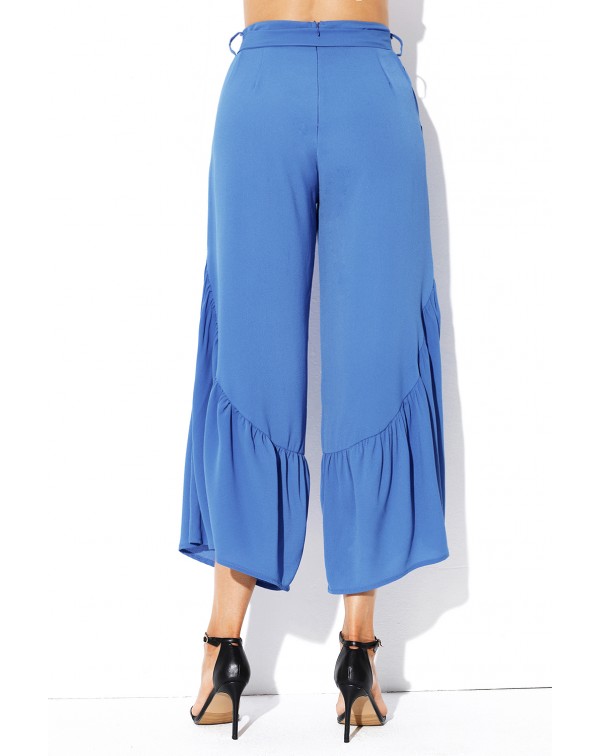 Blue High Waist Side Ruffle Palazzo Pants