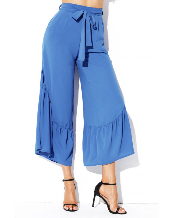 Blue High Waist Side Ruffle Palazzo Pants