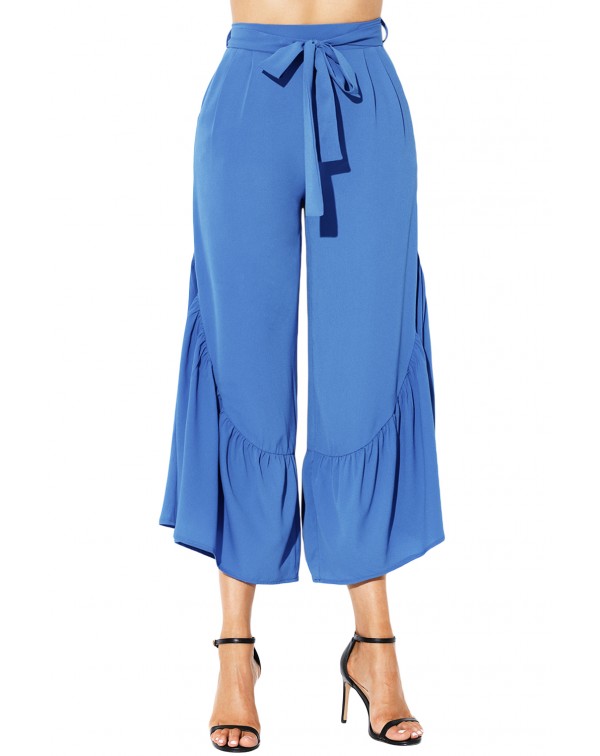 Blue High Waist Side Ruffle Palazzo Pants